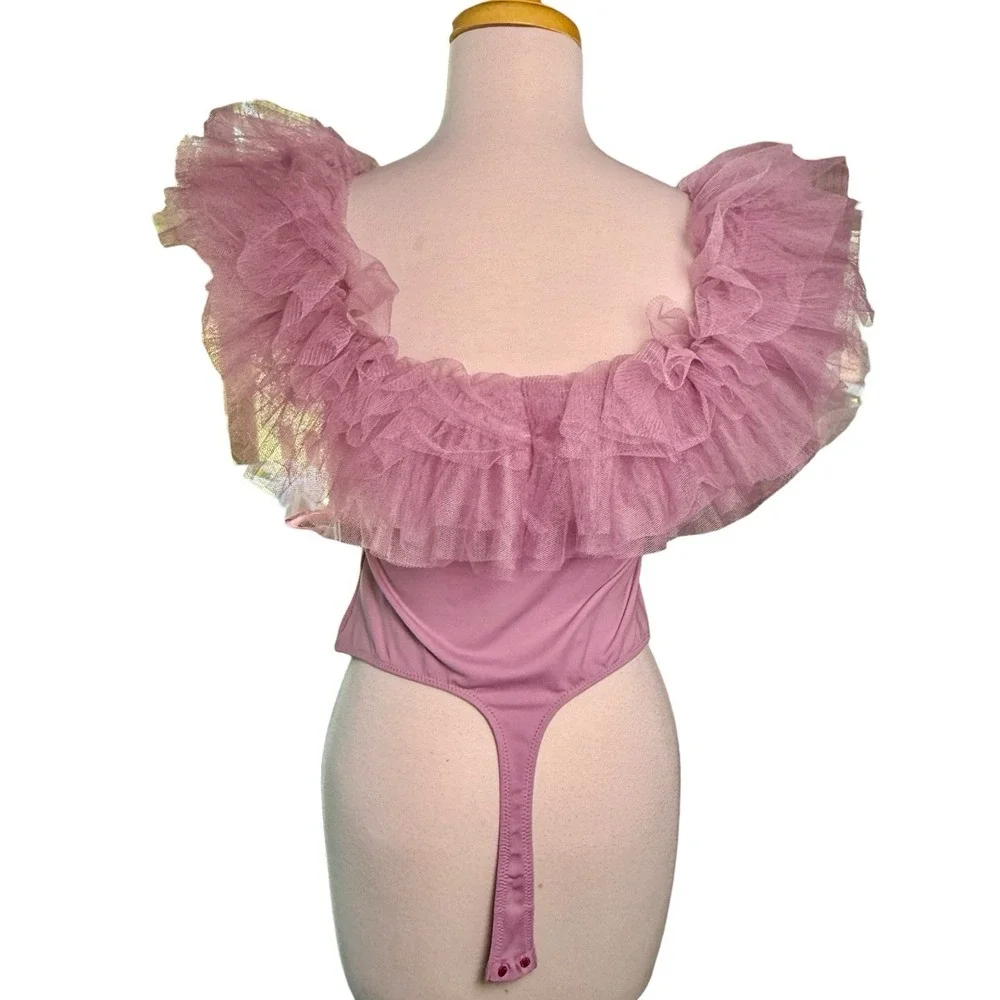 Free People Intimately Big Love Tulle Ruffles Off Shoulder Thong Bodysuit Small